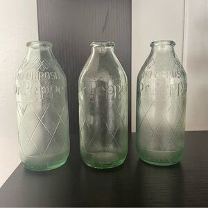 $49 SALE Vintage Dr Pepper Green Glass 6oz Bottles Set of 3 Retro Collectibles